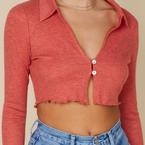 Blue Blush Tops - Red long sleeve crop top with button clasp